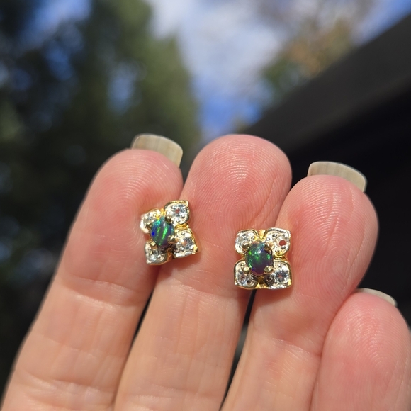 Black Opal & Topaz Natural Gemstone Sterling & Gold Earrings - Picture 8 of 10